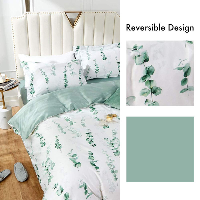 MILDLY Duvet Cover Set, 100% Long Staple Cotton Green Eucalyptus Round Leaves Plant Pattern White Summer Comforter Cover Set 3pcs - Image 3